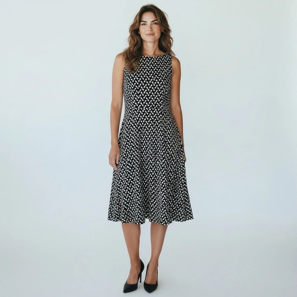 New York & Company Black/White Square Shapes Swing Dress Small‎